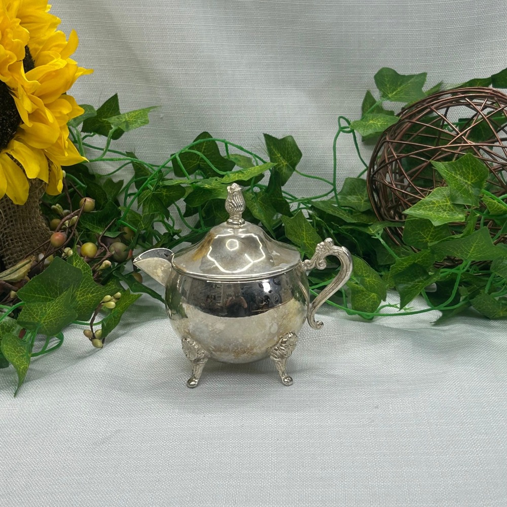 Vintage Silverplate Lidded Creamer Pitcher Ornate Floral Feet Rosebud Finial